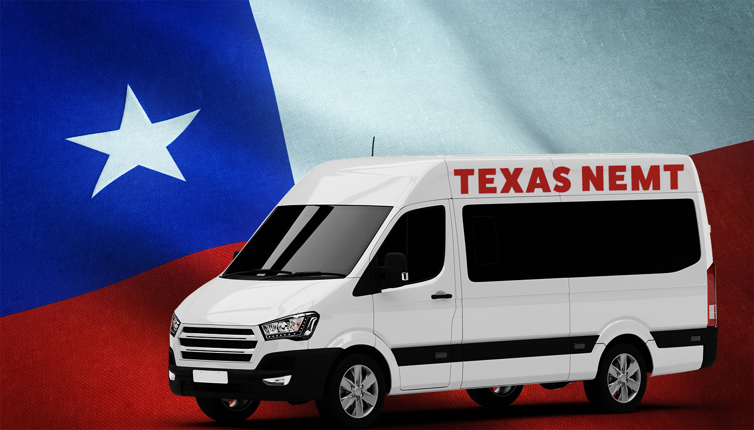 Texas NEMT passenger van in front of Texas flag